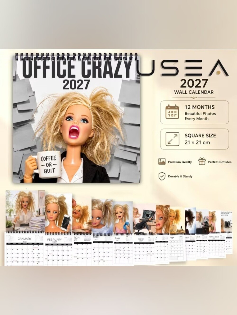 Sea Office Crazy 2027 Wall Calendar - Beige